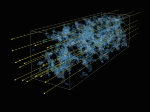 Artist's impression illustrating the technique of Lyman-alpha tomography: as light from distant background galaxies (yellow arrows) travel through the Universe towards Earth, they are imprinted by the absorption signatures from hydrogen gas tracing in the foreground cosmic web. By observing a number of background galaxies in a small patch of the sky, astronomers were able to create a 3D map of the cosmic web using a technique similar to medical computer tomography (CT) scans. Credit: Khee-Gan Lee (MPIA) and Casey Stark (UC Berkeley)