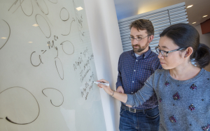  David Prendergast and Liwen Wan at the Molecular Foundry used supercomputer simulations to dispel a popular misconception about magnesium-ion batteries that should help advance the technology in the future. (Photo by Roy Kaltschmidt) 