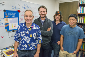(From left) Richard Saykally, David Prendergast, Jacob Smith and Royce Lam were part of a team that has provided valuable new insight into aqueous carbonic acid. (Photo by Roy Kaltschmidt)