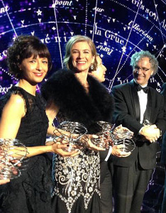 Jennifer Doudna (center) with colleague Emmanuelle Charpentier (left), newly named recipients of the 2015 Breakthrough Prize in Life Sciences. (Photo courtesy of Breakthrough Prize)