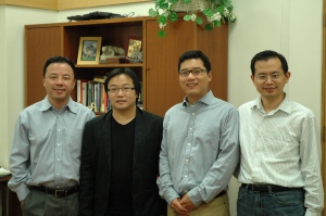 From left,  Xiang Zhang, Sui Yang, Xingjie Ni and Yuan Wang were part of the group that achieved symmetry-breaking in a bulk metamaterial solution.