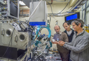 (From left) Hans Wenk, Nobumichi Tamura and Martin Kunz at ALS beamline 12.3.2 where they applied Laue X-ray microdiffraction to study quartz from the San Andreas Fault. (Photo by Roy Kaltschmidt) 