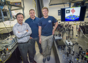 Xiang Zhang, Haim Suchowski and Kevin O’Brien were part of the team that discovered a way to predict thenon-linear optical properties of metamaterials. (Photo by Roy Kaltschmidt)