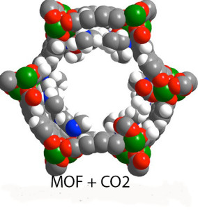 Appending a diamine molecule to this manganese-based MOF greatly increased its capacity for adsorbing CO2. Green, gray, red, blue and white spheres represent Mn, C, O, N and H atoms respectively. 