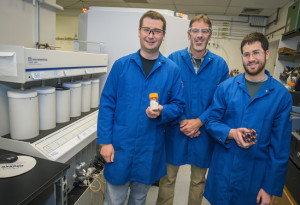 (From left) Tom McDonald, Jeffrey Long and Jarad Mason were part of a collaboration that discovered a way to improve the carbon-scrubbing capabilities of MOFs. (Photo by Roy Kaltschmidt)