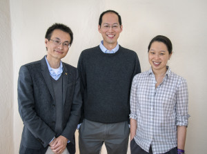 (From left) Peidong Yang, Christopher Chang and Michelle Chang led the development of an artificial photosynthesis system that can convert CO2 into valuable chemical products using only water and sunlight. (Photo by Roy Kaltschmidt)