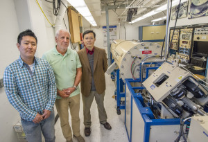 (From left) Joonki Suh, Wladek Walukiewicz and Junqiao Wu  achieved the highest ZT value ever recorded for bismuth telluride at room temperature by introducing native defects into the material through alpha particle irradiation. (Photo by Roy Kaltschmidt) 