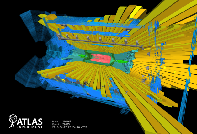 Event display of one of the collimator "splash" event seen by the ATLAS experiment in LHC Run-2 , on Tuesday April the 7th : event 22425, run 260466. The collimator position is 140m in front of the ATLAS interaction point. The spray of particles enters ATLAS from the left hand side of the picture. The length of the yellow bars indicates the energy deposited in the ATLAS calorimeter. Credit: CERN