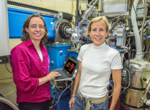 Corie Ralston and Cheryl Kerfeld at ALS Beamline 5.0.2 where crystal structures of the Orange Carotenoid Protein in cyanobacteria were recorded as the protein transitioned from light-absorber to photoprotector. (Photo by Roy Kaltschmidt)
