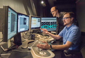 Jim Ciston and Colin Ophus at Berkeley Lab’s TEAM 1.0, the world’s most powerful electron microscope. (Photo by Roy Kaltschmidt)