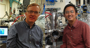 Robert Kaindl (left) and He Wang (right) with the high repetition-rate femtosecond XUV light source developed at Berkeley Lab.