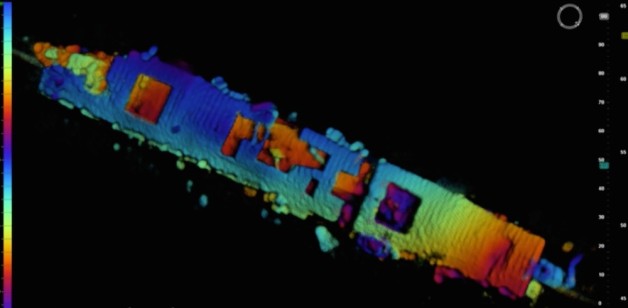 An image of the USS Independence from the Coda Octopus Echoscope 3D sonar, which was integrated on the Boeing Autonomous Underwater Vehicle (AUV) Echo Ranger. Credit: NOAA and Coda Octopus