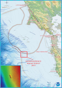 The shipwreck site of the former aircraft carrier, Independence, is located in the northern region of Monterey Bay National Marine Sanctuary. Half Moon Bay, California was the port of operations for the Independence survey mission. The first multibeam sonar survey of the Independence site was conducted by the NOAA ship Okeanos Explorer in 2009. Credit: NOAA's Office of Ocean Exploration and Research and NOAA's Office of National Marine Sanctuaries