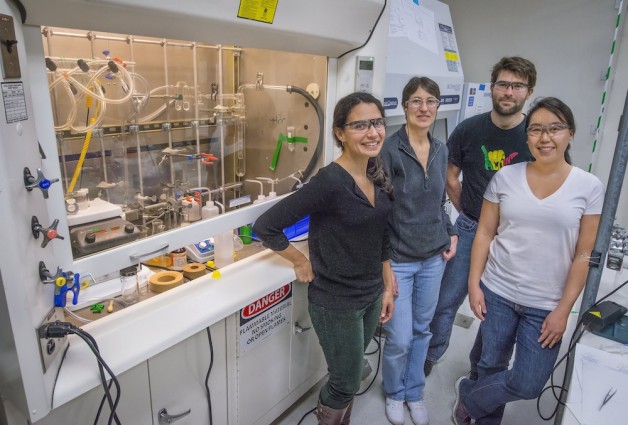 From left to right, Rebecca Abergel, Stacey Gauny, Manuel Struzbecher-Hoehne, and Dahlia An. (Photo by Roy Kaltschmidt/Berkeley Lab)