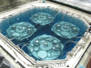 Antineutrino detectors installed in the far hall of the Daya Bay experiment. Credit: Qiang Xiao.