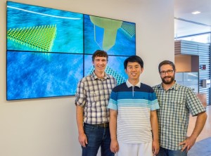 (From left)Jim Schuck, Wei Bao and Nicholas Borys at the Molecular Foundry where they made surprising discoveries about 2D MoS2, a promising TMDC semiconductor for future photonic and nanoelectronic devices. (Photo by Roy Kaltschmidt)