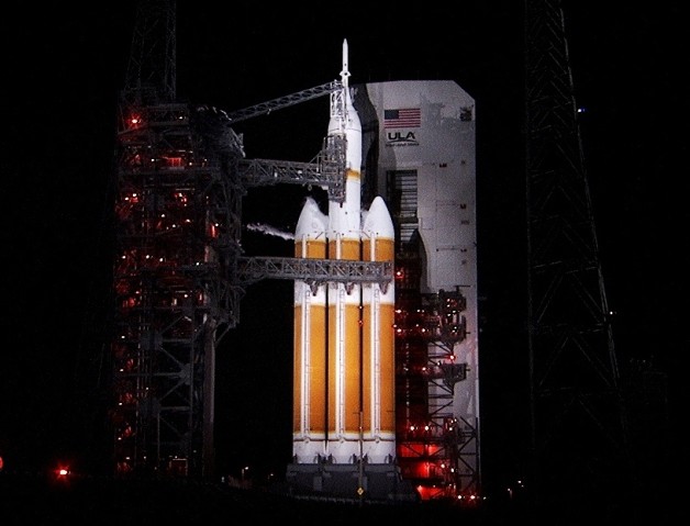 Dec. 4, 2014 -- At Space Launch Complex 37 at Cape Canaveral Air Force Station in Florida, fueling of the Delta IV Heavy rocket has been completed. The countdown continues for launch of NASA's Orion spacecraft.Photo credit: NASA