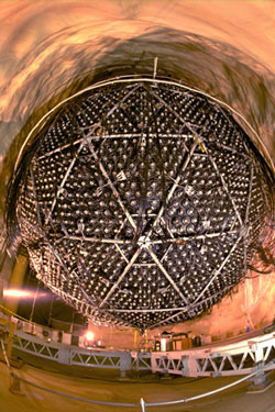 Shown here under construction, the heart of the Sudbury Neutrino Observatory is a sphere 12 meters in diameter, surrounded by almost 10,000 photomultiplier tubes to catch the faint flashes of Cerenkov radiation that mark the passage of neutrinos through the heavy water filling the sphere.