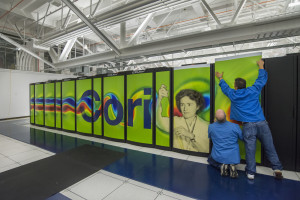 NERSC's Cray Cori supercomputer's graphic panels being installed at Wang Hall. 