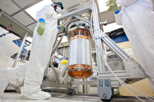 The LUX dark matter detector is seen here during the assembly process in a surface laboratory in South Dakota. (Photo by Matthew Kapust/Sanford Underground Research Facility) 
