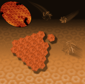 This illustration shows how hexagonal bacterial proteins (shown as ribbon-like structures at right and upper right) self-assemble into a honeycomb-like tiled pattern (center and background). This tiling activity, seen with an atomic-resolution microscope (upper left), represents the early formation of polyhedral, soccer-ball-like structures known as bacterial microcompartments or BCMs that serve as tiny factories for a range of specialized activities. 