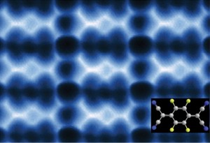 This AFM image shows 2D F4TCNQ islands on graphene/BN that could be used to modify the graphene for electronic devices.