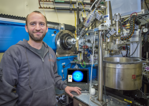 Markus Sutter, a Berkeley Lab scientist, determined the 3-D atomic structure of a bacterial protein that self-assembles into honeycomb-patterned sheets using X-rays at beamline 5.0.1 (pictured here) at Berkeley Lab's Advanced Light Source. (Photo by Roy Kaltschmidt) 