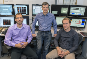 Carl Schroeder, Wim Leemans and Jeroen van Tilborg in control room of L'Oasis Laser Lab. Credit: Roy Kaltschmidt