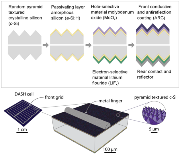 In this illustration, the top images show a cross-section of a solar cell design that uses a combination of moly oxide and lithium fluoride. These materials allow the device to achieve high efficiency in converting sunlight to energy without the need for a process known as doping. The bottom images shows the dimensions of the DASH solar cell components. (Image credit: Nature Energy 10.1038/nenergy.2015.31) 