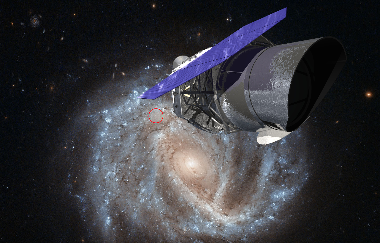 Image - A rendering of NASA's WFIRST with a background image of a spiral galaxy and supernova.