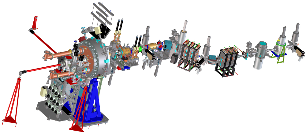 Rendering - The layout of the HiRES ultrafast electron diffraction beamline, which is located in the domed Advanced Light Source building at Berkeley Lab. (Computerized rendering courtesy of Daniele Filippetto/Berkeley Lab)