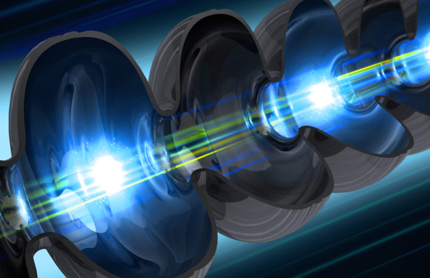 Image - An electron beam travels through a niobium cavity, a key component of a future LCLS-II X-ray laser, in this illustration. Kept at minus 456 degrees Fahrenheit, these cavities will power a highly energetic electron beam that will create up to 1 million X-ray flashes per second. (Credit: SLAC National Accelerator Laboratory)