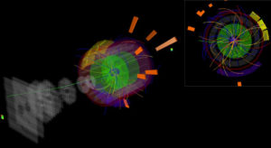 Image - A computerized representation of a proton-proton collision taken in the ALICE detector during the latest commissioning phase of CERN'S LHC, with low-intensity beams. (Credit: CERN)