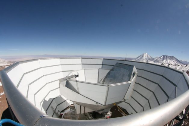Photo - A view of the Atacama Cosmology Telescope (ACT) in Chile's High Atacama Desert. ACT, in operation since 2006, has take measurements of the cosmic microwave background (CMB) and of massive galaxy clusters. The Simons Observatory will consolidate CMB experiments and add telescopes at this site. (Credit: Mark Devlin/University of Pennsylvania)