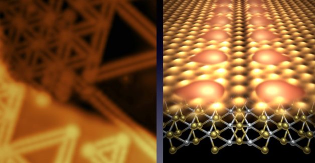 A surprise discovery in a 2-D semiconductor. The left microscopy image shows linear defects that cross the 2-D semiconductor like veins. The defects are located between the parallel lines. The right image is a combination of the theoretical atomic structure on the bottom, and a microscopy image on top that shows individual selenium atoms in gold and the charge density wave in red. (Credit: Berkeley Lab)