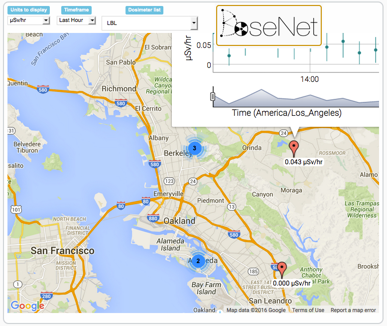 Screenshot - A DoseNet interactive map screenshot showing San Francisco-area monitoring locations. (Credit: Berkeley Lab)
