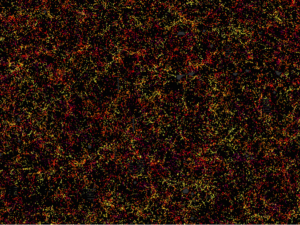 This is one slice through the map of the large-scale structure of the Universe from the Sloan Digital Sky Survey and its Baryon Oscillation Spectroscopic Survey. Each dot in this picture indi-cates the position of a galaxy 6 billion years into the past. The image covers about 1/20th of the sky, a slice of the Universe 6 billion light-years wide, 4.5 billion light-years high, and 500 million light-years thick. Color indicates distance from Earth, ranging from yellow on the near side of the slice to purple on the far side. Galaxies are highly clustered, revealing superclusters and voids whose presence is seeded in the first fraction of a second after the Big Bang. This image contains 48,741 galaxies, about 3% of the full survey dataset. Grey patches are small regions without survey data. Credit: Daniel Eisenstein and SDSS-III