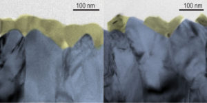Shown is a cross-section of pristine (left) and damaged bismuth vanadate, a thin-film semiconductor, taken by a transmission electron microscope. The bismuth vanadate is colored yellow to highlight the contrast with the layer below. The yellow layer is intact on the left, but fragmented on the right after exposure to an alkaline bath. (Credit: Matthew McDowell/Caltech)
