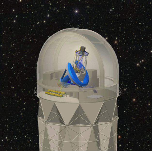 Rendering - The Dark Energy Spectroscopic Instrument (DESI), shown in this illustration, will be mounted on the 4-meter Mayall telescope at Kitt Peak National Observatory near Tucson, Ariz. It will collect data on light from 30 million galaxies and quasars to make the biggest 3-D map of the universe ever. (Credit: R. Lafever and J. Moustakas/DESI Collaboration)