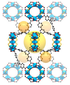 Illustration - This illustration shows the structure of a nanostructure known as a metal-organic framework or MOF. The structure possesses a handedness (like a right-handed vs. left-handed person), known as “chirality,” that enables researchers to identify the same kind of handedness in molecules that bind within its structure. (Credit: S. Lee, E. Kapustin, O. Yaghi/Berkeley Lab and UC Berkeley)