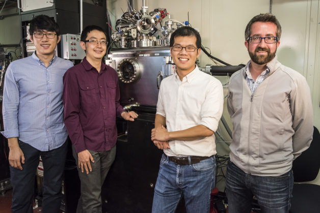 From left, Jongwoo Lim, Yiyang Li, and William Chueh of Stanford/SLAC and David Shapiro of Berkeley Lab in front of an X-ray microscope at the Advanced Light Source. (Credit: Paul Mueller)