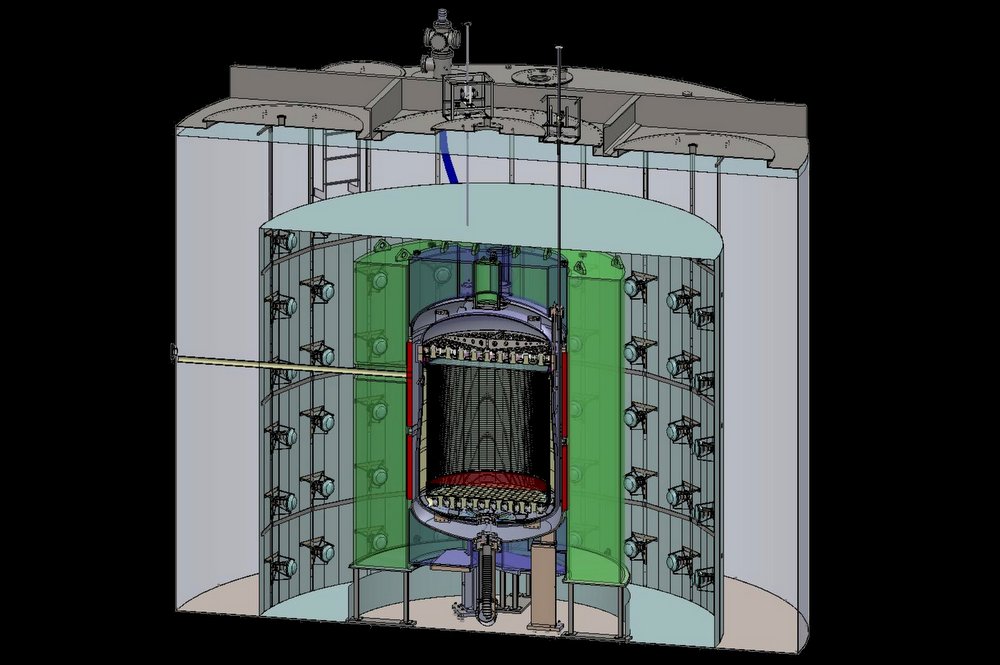 Photo - A cutaway rendering of the LUX-ZEPLIN (LZ) detector that will be installed nearly a mile deep near Lead, S.D. The central detector will be filled with 10 metric tons of purified liquid xenon that produces flashes of light and electrical pulses in particle interactions. An array of detectors, known as photomultiplier tubes, are designed to amplify and measure these particle signals. (Credit: Matt Hoff/Berkeley Lab)