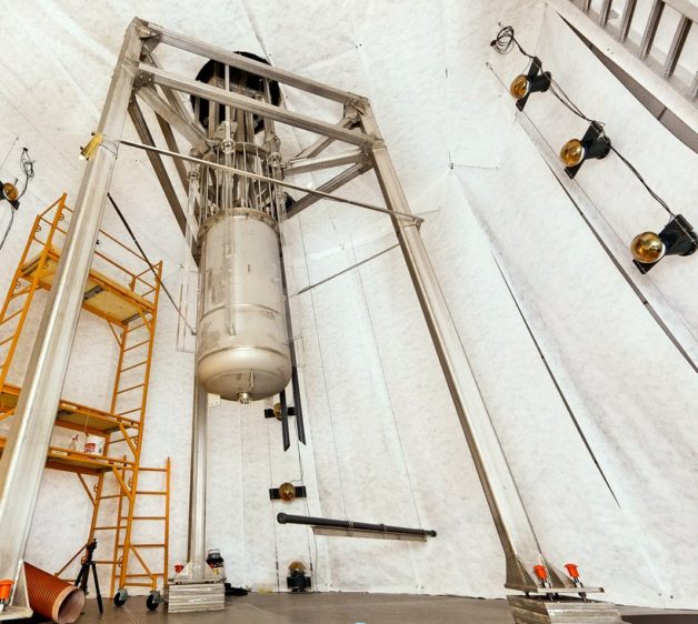 Photo - A view of LZ's predecessor dark matter experiment, LUX, during installation in 2012. LUX will be disassembled to prepare for the installation of LZ. (Credit: Matt Kapust/Sanford Underground Research Facility)