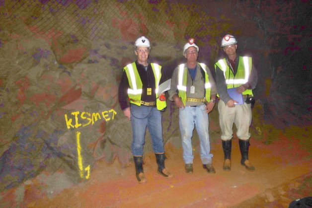 Berkeley Lab geologists Patrick Dobson (left) and Curt Oldenburg (right) along with Bill Roggenthen (center) of the South Dakota School of Mines and Technology at the kISMET site in the Sanford Underground Research Facility prior to drilling. (Photo courtesy Curt Oldenburg)