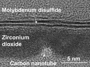 Transmission electron microscope image of a cross section of the transistor. It shows the ~ 1 nanometer carbon nanotube gate and the molybdenum disulfide semiconductor separated by zirconium dioxide which is an insulator. (Credit: Qingxiao Wang/UT Dallas)