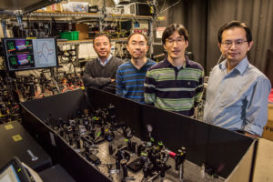 (From left) Berkeley researchers Xiang Zhang, Zi Jing Wong, Jeongmin Kim and Yuan Wang stand next to the optical setup they designed to demonstrate both lasing and anti-lasing in a single device. (Credit: Marilyn Chung/Berkeley Lab)