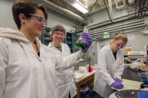 Postdoctoral researcher Louise Lassalle (from left), research scientist Jan Kern and research assistant Lacey Douthit work on growing cyanobacteria to isolate photosystem II proteins in a Berkeley Lab bioreactor. (Credit: Marilyn Chung/Berkeley Lab)