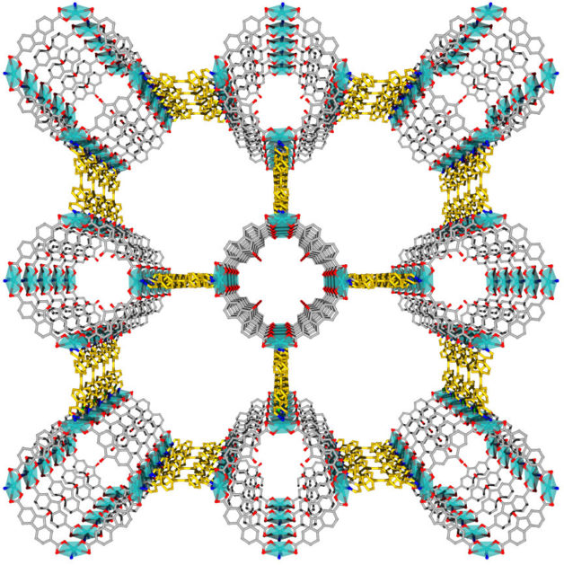Image - A research team used Berkeley Lab’s Advanced Light Source to determine the structure, shown here, of a luminescent metal-organic framework known as LMOF-261. The chemical components and large channels in the LMOF allow it to trap heavy metals. (Credit: Rutgers University)
