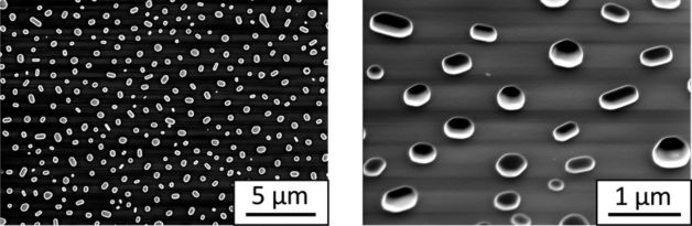 Image - Nanosized gold particles, shown here at low-magnification, left, and high-magnification, right, in images produced with a scanning electron microscope, were studied with infrared light produced by Berkeley Lab’s Advanced Light Source. The scale bar at left represents 5 microns, or 5 millionths of an inch, and the scale bar at right represents 1 micron. (Credit: “High-spatial-resolution mapping of catalytic reactions on single particles,” Nature, Jan. 11, 2017)