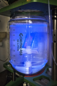 Photo - A production prototype of highly purified, gadolinium-doped scintillator fluid, viewed under ultraviolet light. Scintillator fluid will surround LZ’s xenon tank and will help scientists veto the background “noise” of unwanted particle signals. (Credit: Brookhaven National Laboratory)